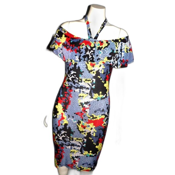 Fashion Olivia Halter Style Bodycon Stretchy Dress Color Block Off Shoulder READ - Picture 7 of 7